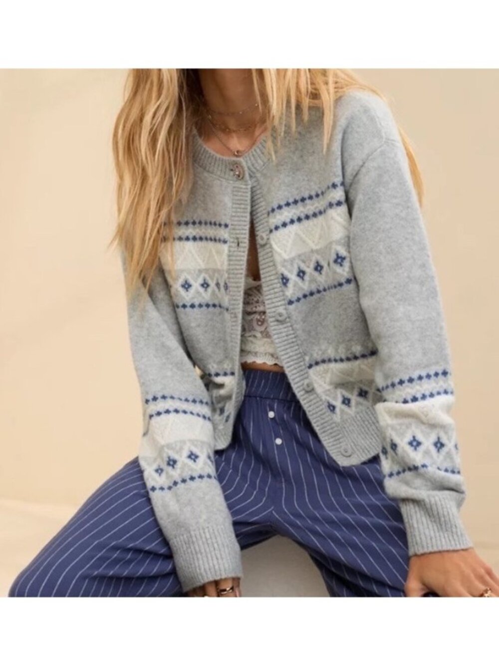 Aerie unReal Fairisle Cardigan Heather Gray Size Small Cozy Winter Ski